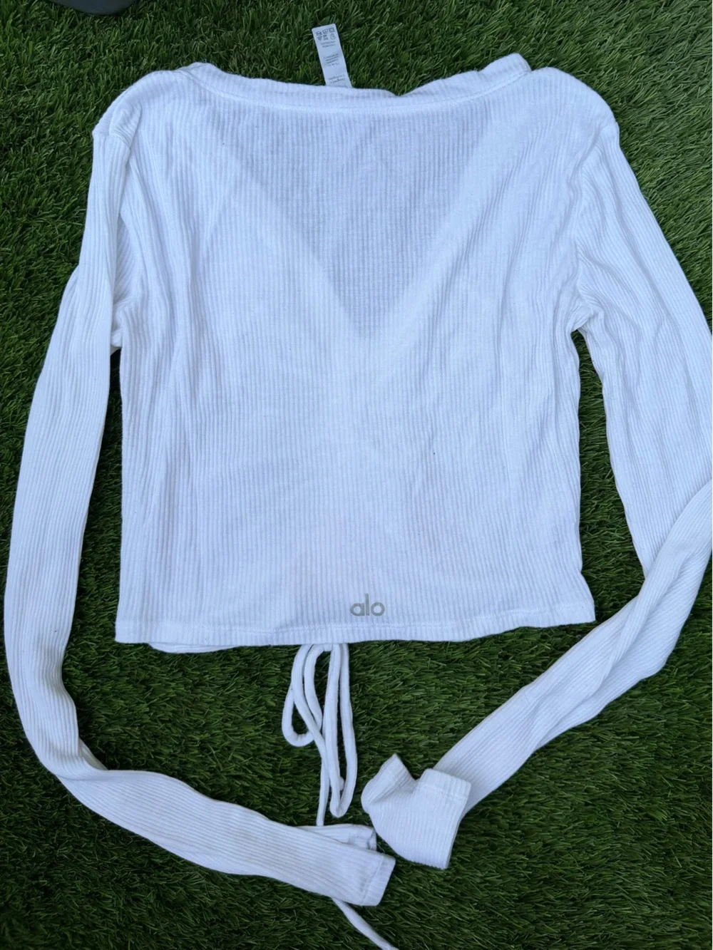 Alo Yoga White Ribbed Cropped Top Adjustable Drawstring Size Medium